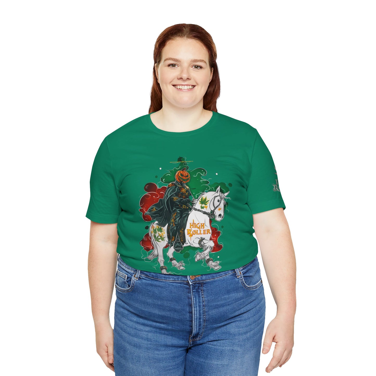 Headless Horseman HIGH ROLLER Halloween Cannabis T-Shirt - Premium Pumpkin Rider Skeletal Steed 420 Apparel