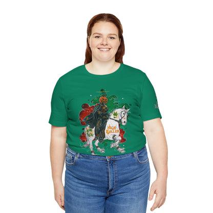 Headless Horseman HIGH ROLLER Halloween Cannabis T-Shirt - Premium Pumpkin Rider Skeletal Steed 420 Apparel