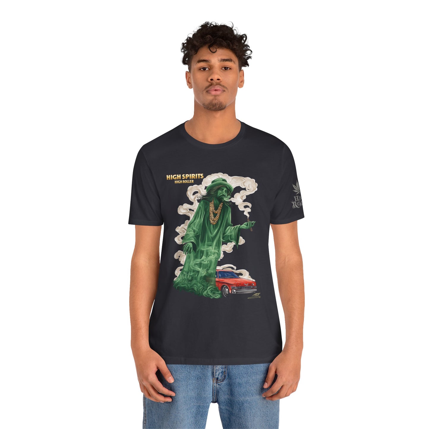 High Spirits HIGH ROLLER Halloween Cannabis Ghost T-Shirt - Premium Spectral Lowrider Phantom 420 Apparel