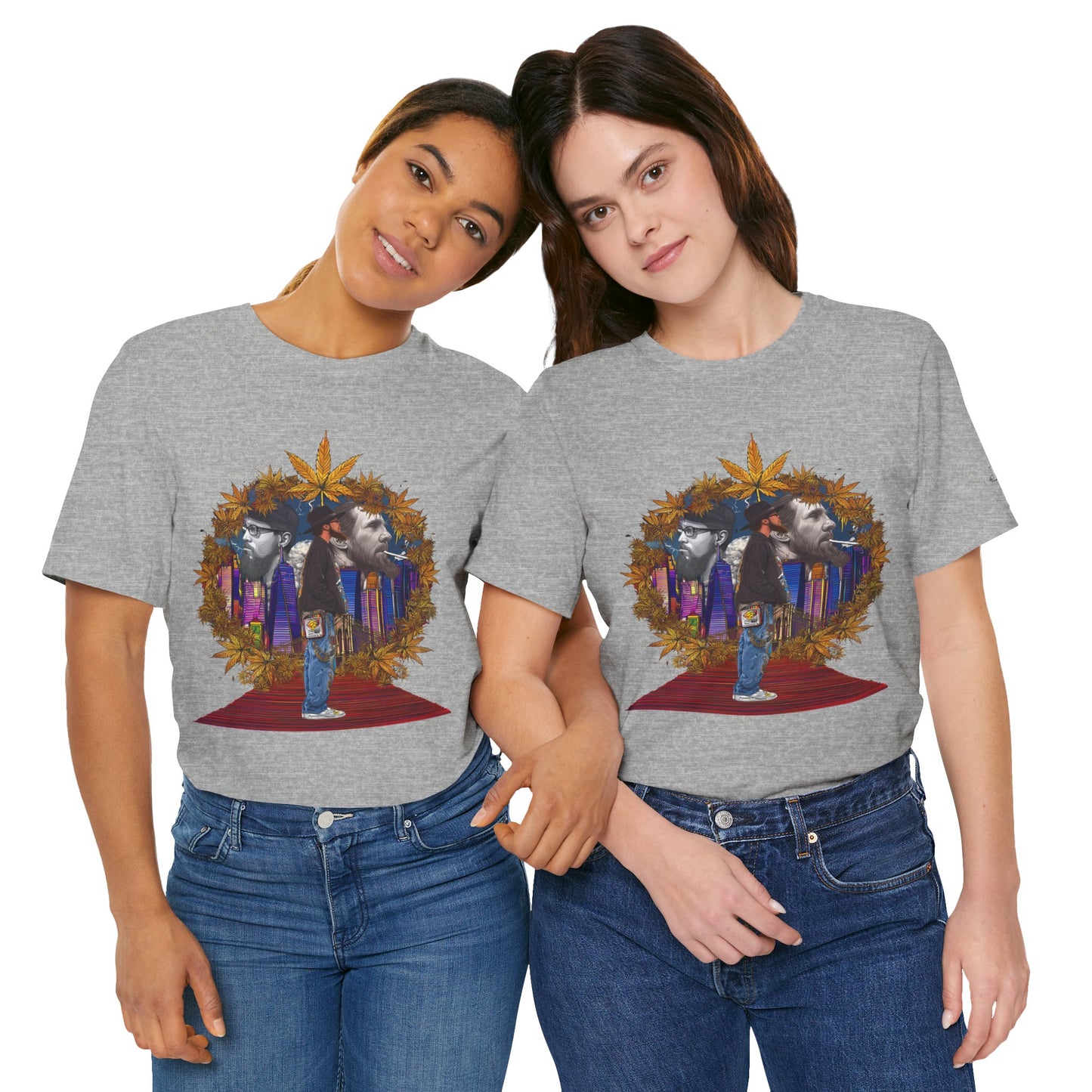 Red Carpet Royalty Premium Cannabis Culture T-Shirt - Hip-Hop Legends Tribute With Golden Cannabis Wreath And City Skyline