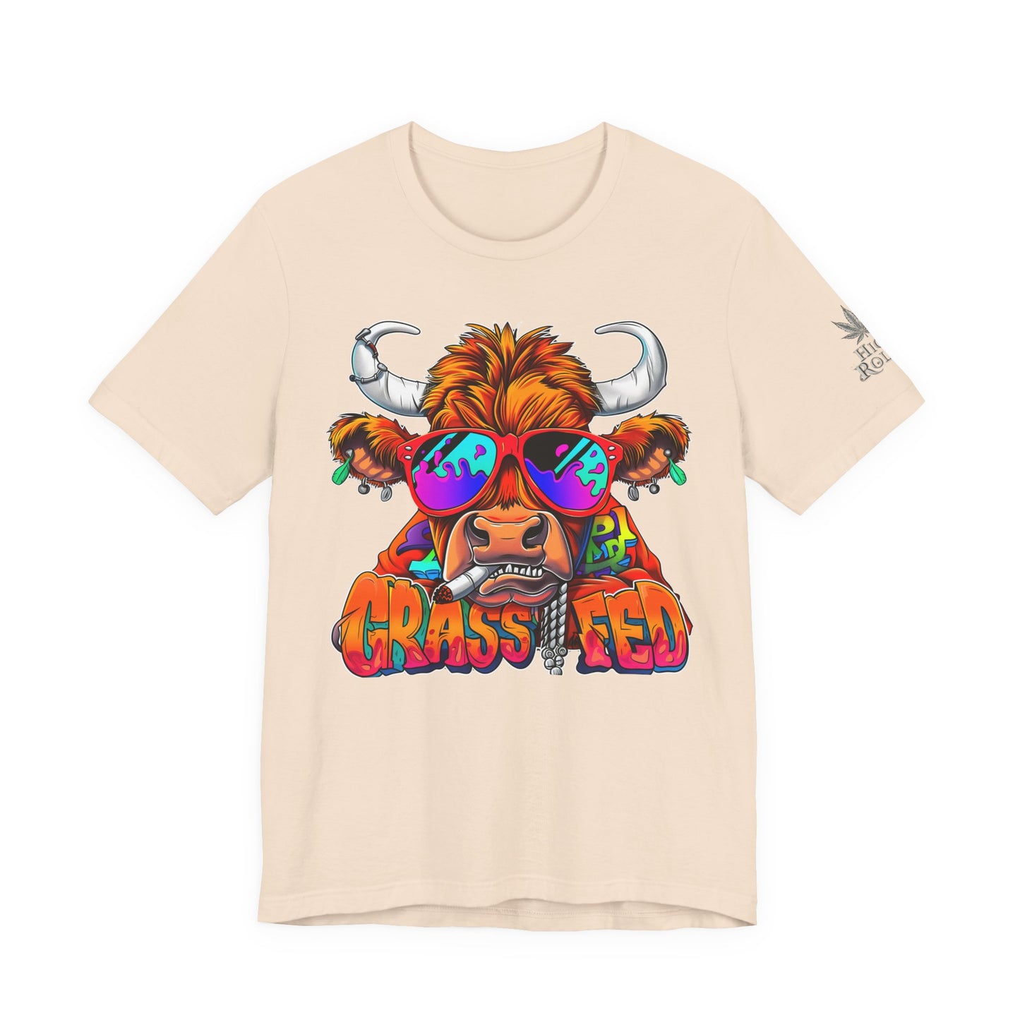 High Roller Grass Fed Cannabis T-Shirt - Premium 420 Highland Cow Humor Psychedelic Sunglasses Farm Culture Comedy Apparel