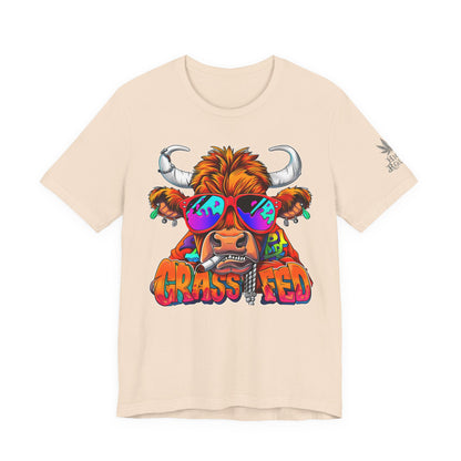 High Roller Grass Fed Cannabis T-Shirt - Premium 420 Highland Cow Humor Psychedelic Sunglasses Farm Culture Comedy Apparel