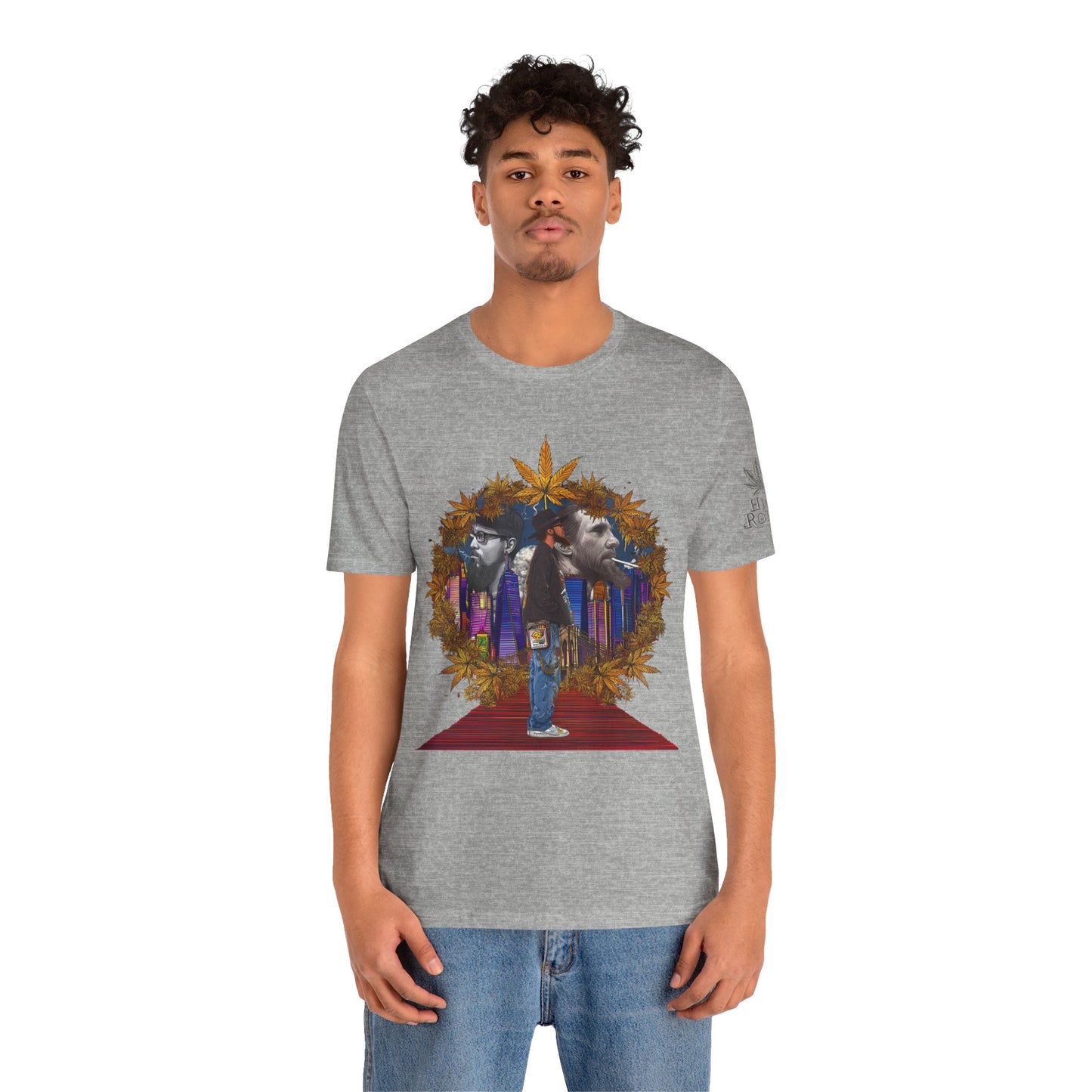 Red Carpet Royalty Premium Cannabis Culture T-Shirt - Hip-Hop Legends Tribute With Golden Cannabis Wreath And City Skyline