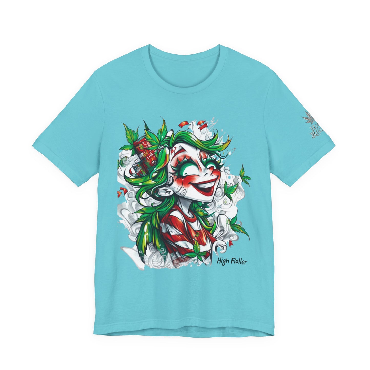 High Roller Jester Queen Cannabis T-Shirt - Premium 420 Harlequin Beauty Holiday Celebration Apparel