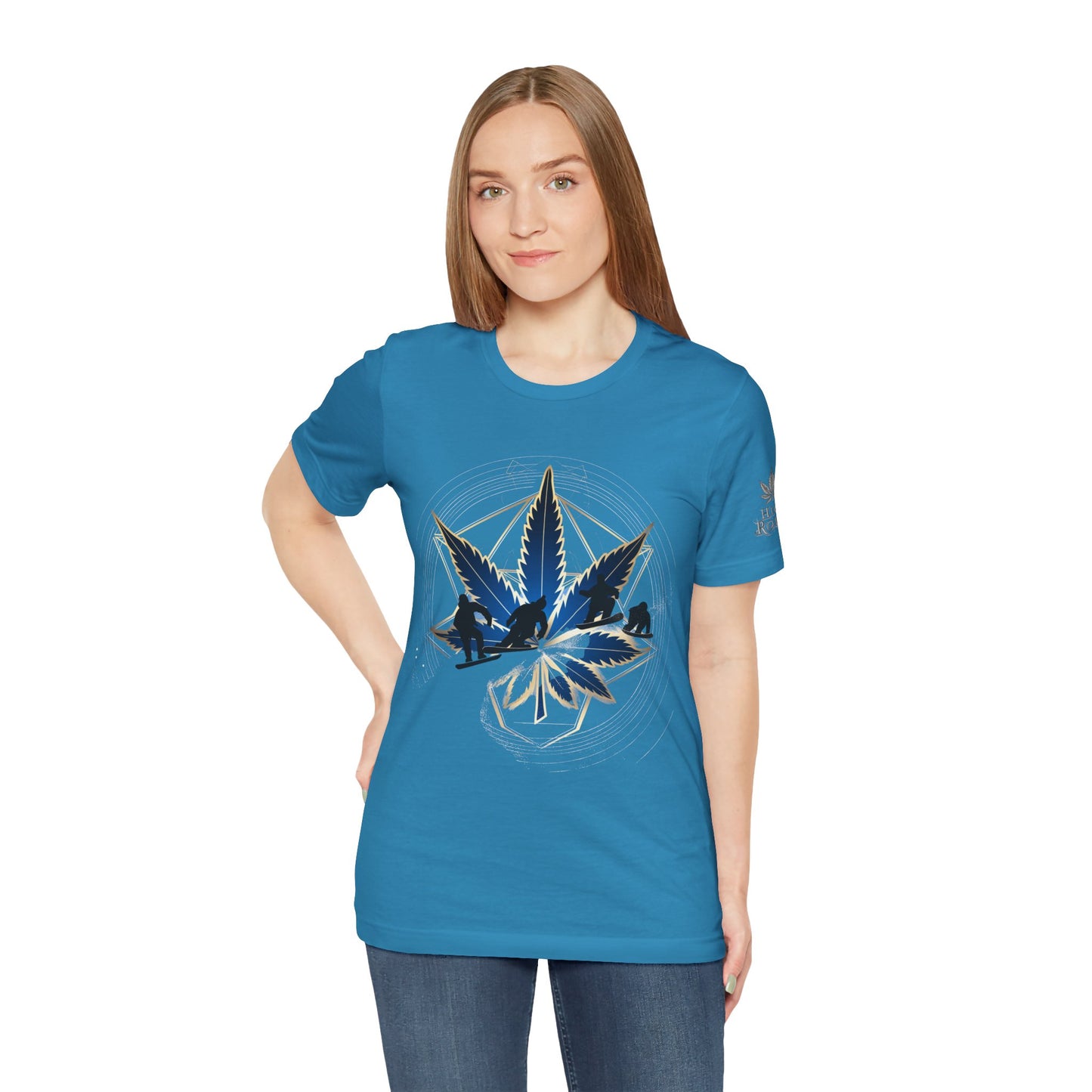 Sacred Geometry Snowboard Premium Cannabis Culture T-Shirt - Emerald Green Tee With Action Sports And Crystalline Cannabis Geometric Mandala