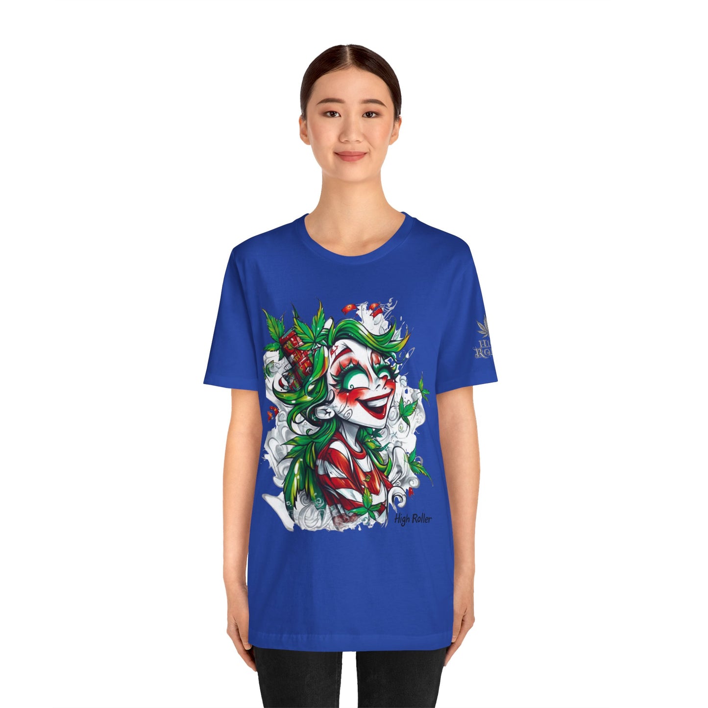 High Roller Jester Queen Cannabis T-Shirt - Premium 420 Harlequin Beauty Holiday Celebration Apparel