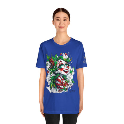High Roller Jester Queen Cannabis T-Shirt - Premium 420 Harlequin Beauty Holiday Celebration Apparel