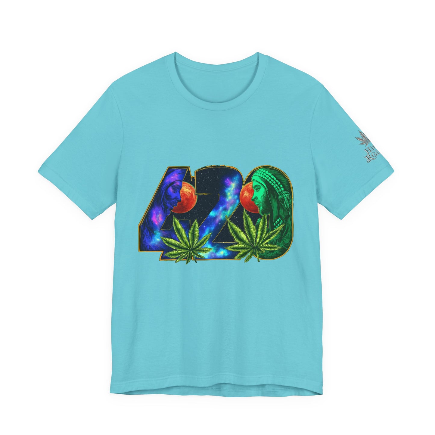420 Cosmic Connection Premium Cannabis Culture T-Shirt - Bold Typography With Celestial Profiles And Luminous Cannabis Leaf Design