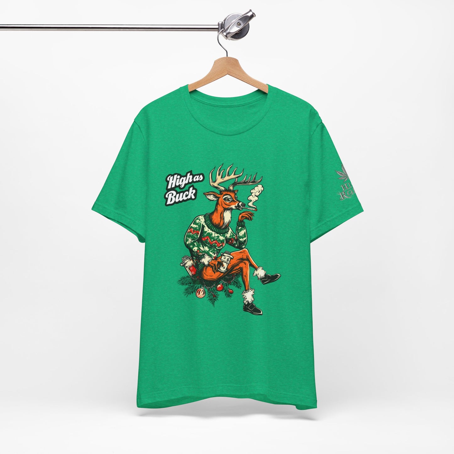 High as Buck T-Shirt - Premium Airlume Cotton Cannabis Christmas Deer Holiday Tee