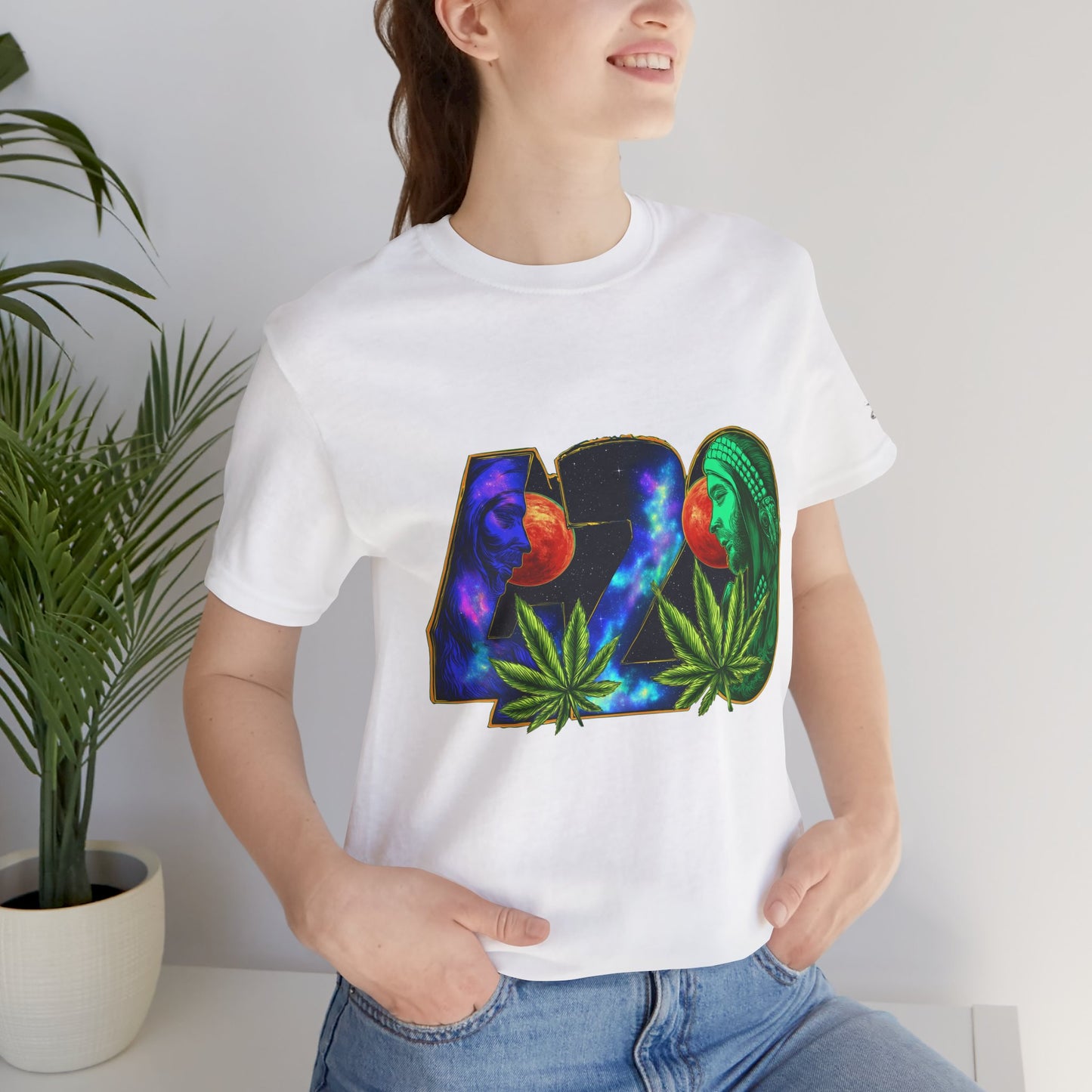420 Cosmic Connection Premium Cannabis Culture T-Shirt - Bold Typography With Celestial Profiles And Luminous Cannabis Leaf Design