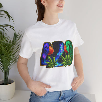 420 Cosmic Connection Premium Cannabis Culture T-Shirt - Bold Typography With Celestial Profiles And Luminous Cannabis Leaf Design