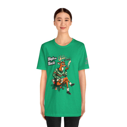 High as Buck T-Shirt - Premium Airlume Cotton Cannabis Christmas Deer Holiday Tee