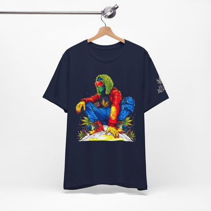 Psychedelic Chill Premium Cannabis Culture T-Shirt - Vibrant Street Art With Rainbow Color Explosion And Meditative Pose