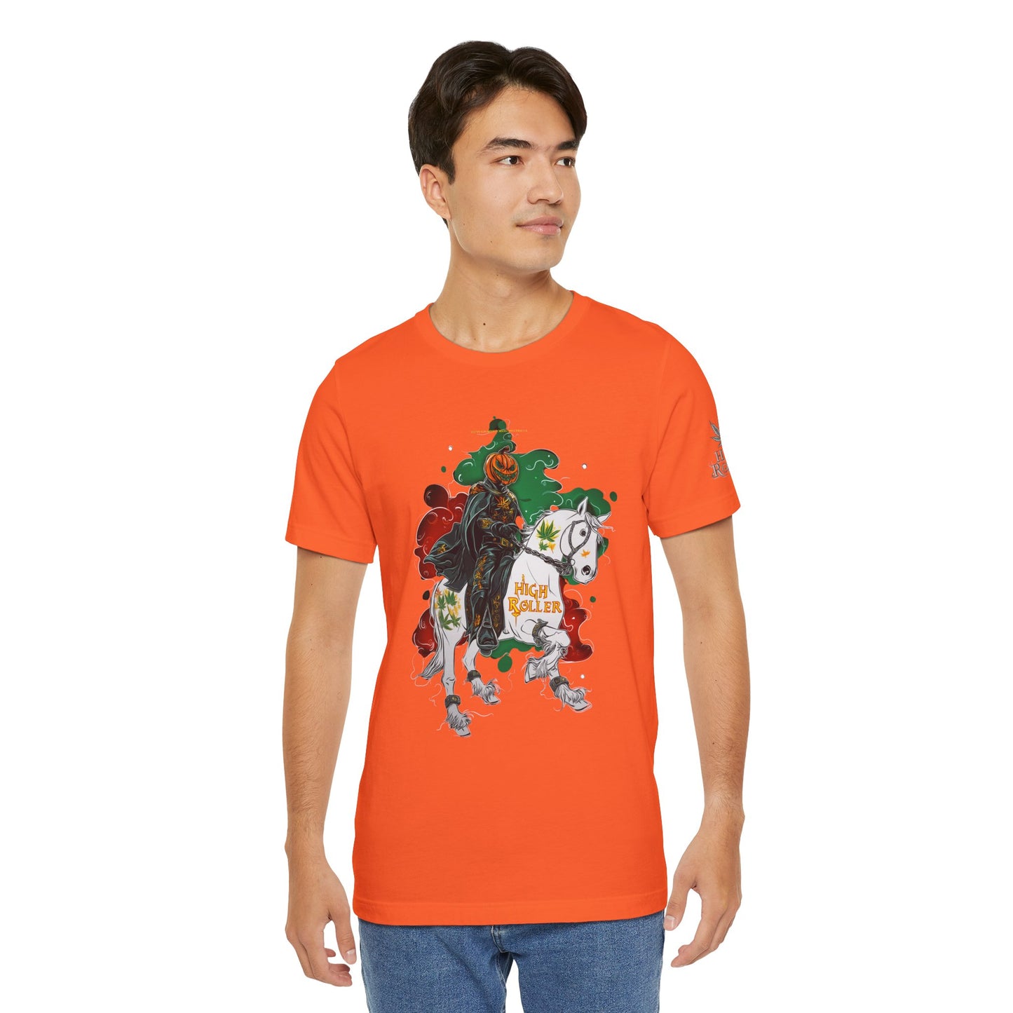 Headless Horseman HIGH ROLLER Halloween Cannabis T-Shirt - Premium Pumpkin Rider Skeletal Steed 420 Apparel