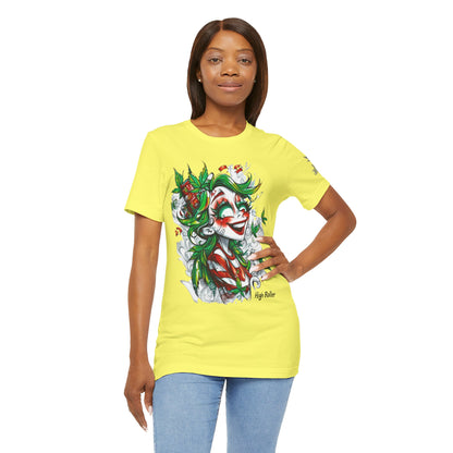 High Roller Jester Queen Cannabis T-Shirt - Premium 420 Harlequin Beauty Holiday Celebration Apparel