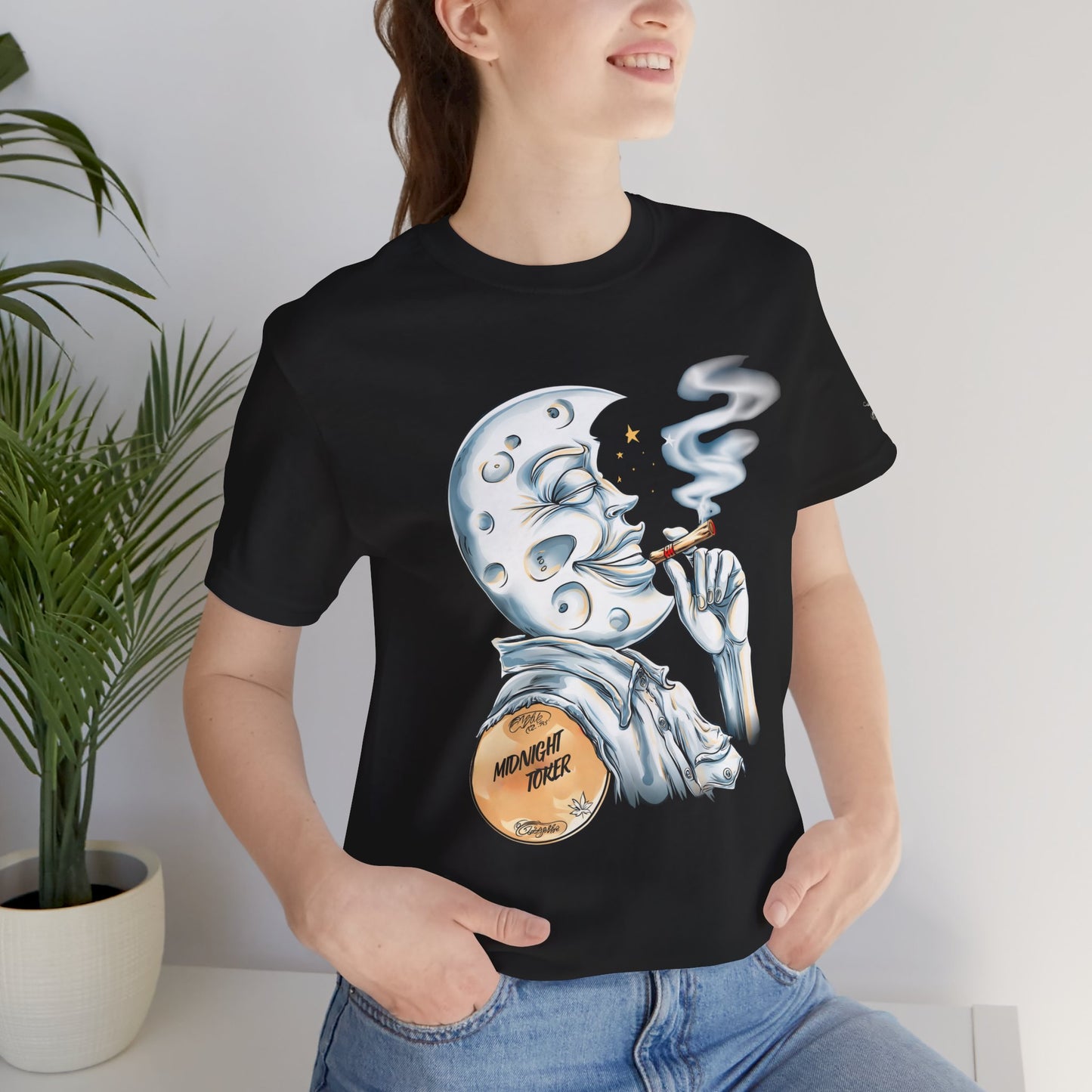 Midnight Toker Moon Tee - Celestial Cannabis Art Design | High Roller