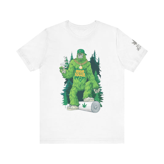 Bigfoot HIGH ROLLER Halloween Cannabis Forest T-Shirt - Premium Sasquatch Lifestyle Legend 420 Apparel
