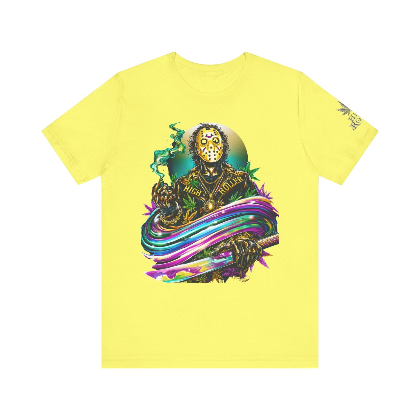 Psychedelic Jason Swoosh Cannabis T-Shirt - Premium Horror 420 Orange Edition Apparel