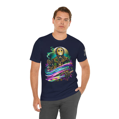 Psychedelic Jason Swoosh Cannabis T-Shirt - Premium Horror 420 Orange Edition Apparel