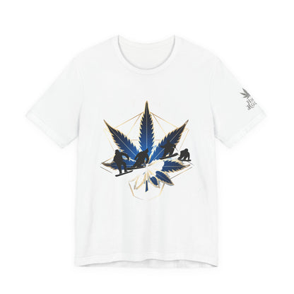 Sacred Geometry Snowboard Premium Cannabis Culture T-Shirt - Emerald Green Tee With Action Sports And Crystalline Cannabis Geometric Mandala