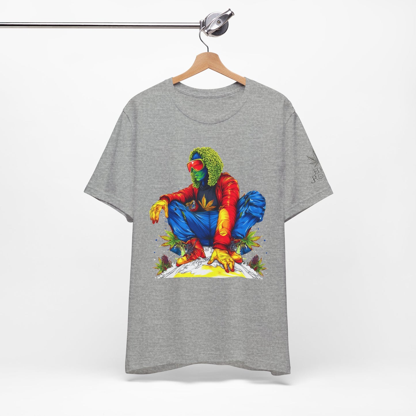 Psychedelic Chill Premium Cannabis Culture T-Shirt - Vibrant Street Art With Rainbow Color Explosion And Meditative Pose