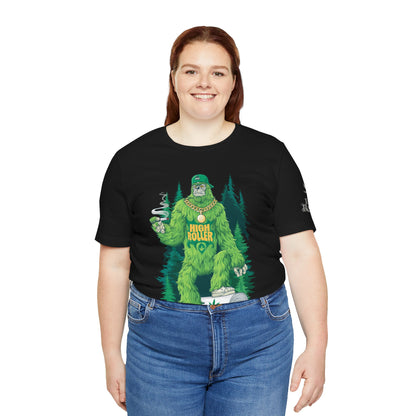 Bigfoot HIGH ROLLER Halloween Cannabis Forest T-Shirt - Premium Sasquatch Lifestyle Legend 420 Apparel
