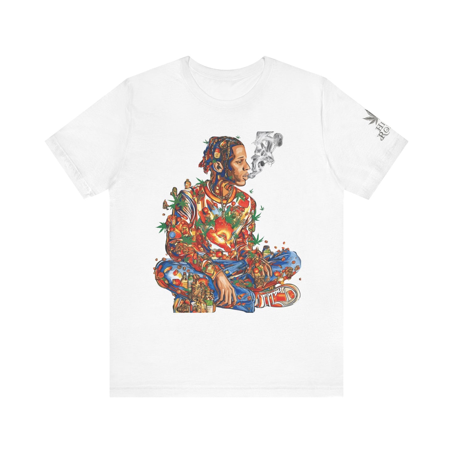 High Roller Meditation Mosaic Cannabis T-Shirt - Premium 420 Hip-Hop Zen Cross-Legged Street Culture Artistic Collage Apparel