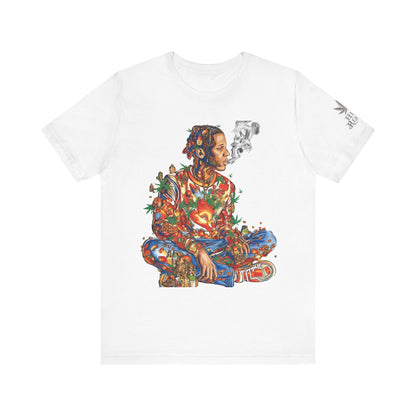 High Roller Meditation Mosaic Cannabis T-Shirt - Premium 420 Hip-Hop Zen Cross-Legged Street Culture Artistic Collage Apparel