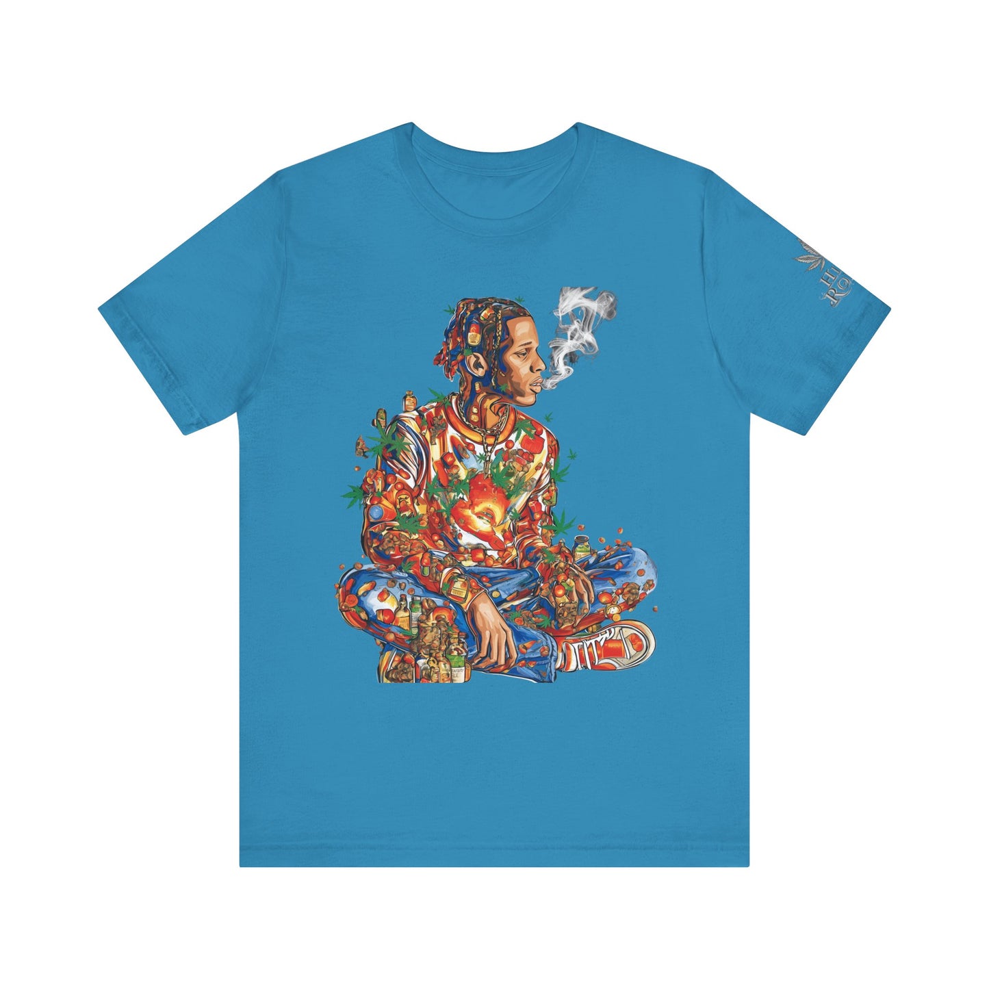 High Roller Meditation Mosaic Cannabis T-Shirt - Premium 420 Hip-Hop Zen Cross-Legged Street Culture Artistic Collage Apparel