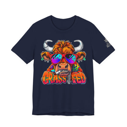 High Roller Grass Fed Cannabis T-Shirt - Premium 420 Highland Cow Humor Psychedelic Sunglasses Farm Culture Comedy Apparel