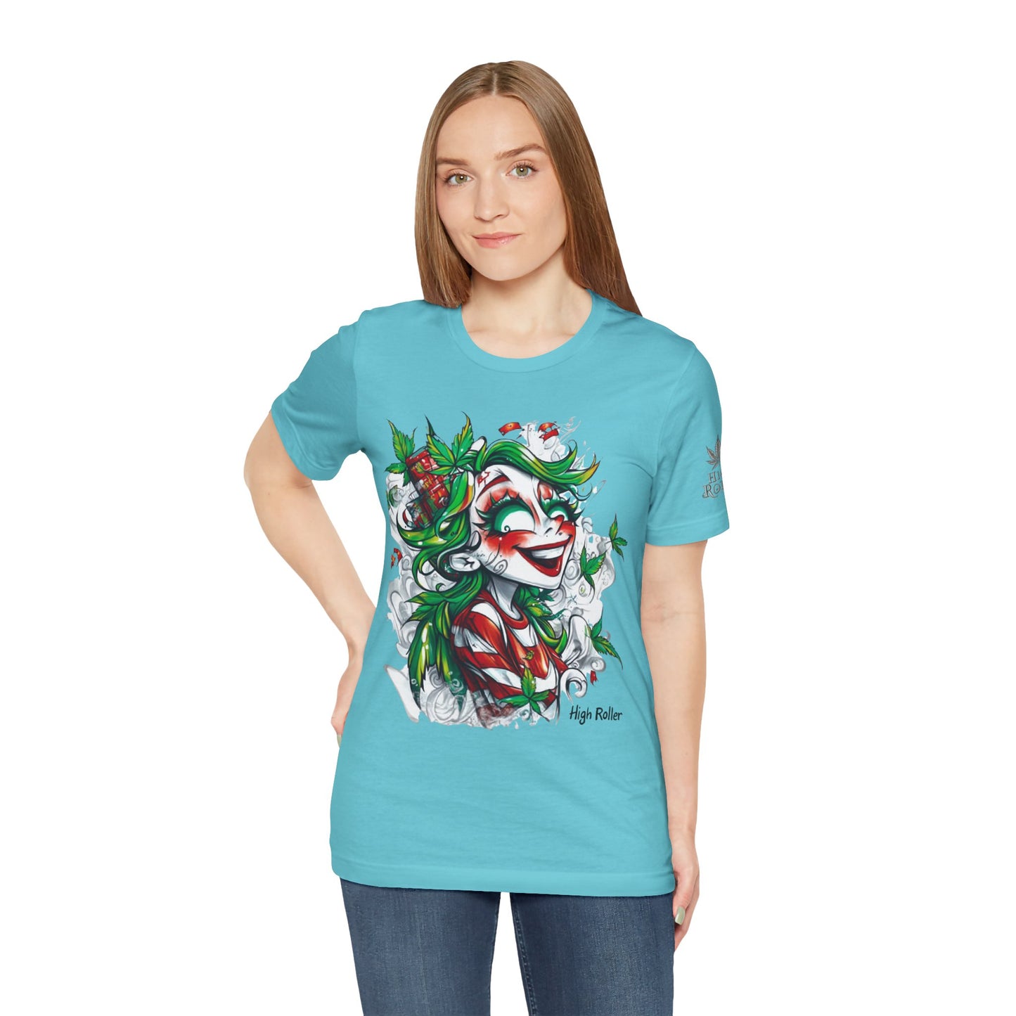 High Roller Jester Queen Cannabis T-Shirt - Premium 420 Harlequin Beauty Holiday Celebration Apparel