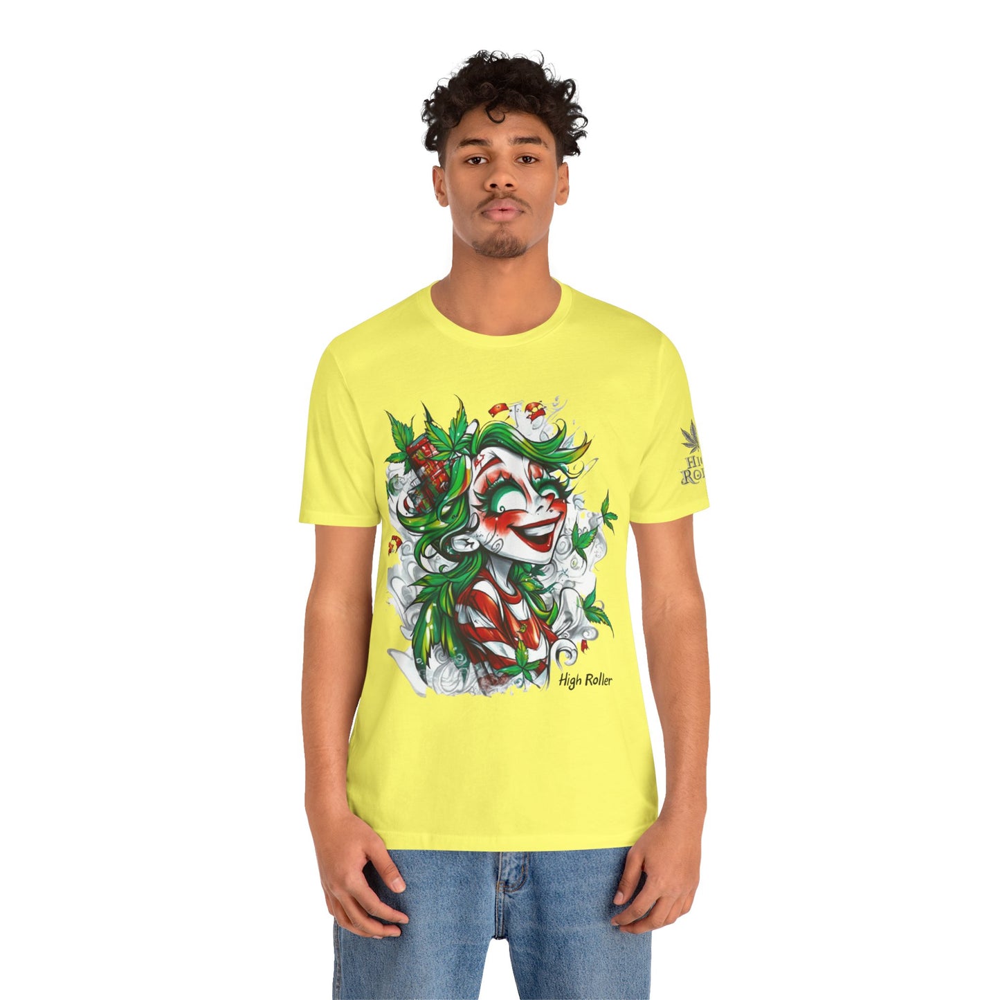 High Roller Jester Queen Cannabis T-Shirt - Premium 420 Harlequin Beauty Holiday Celebration Apparel