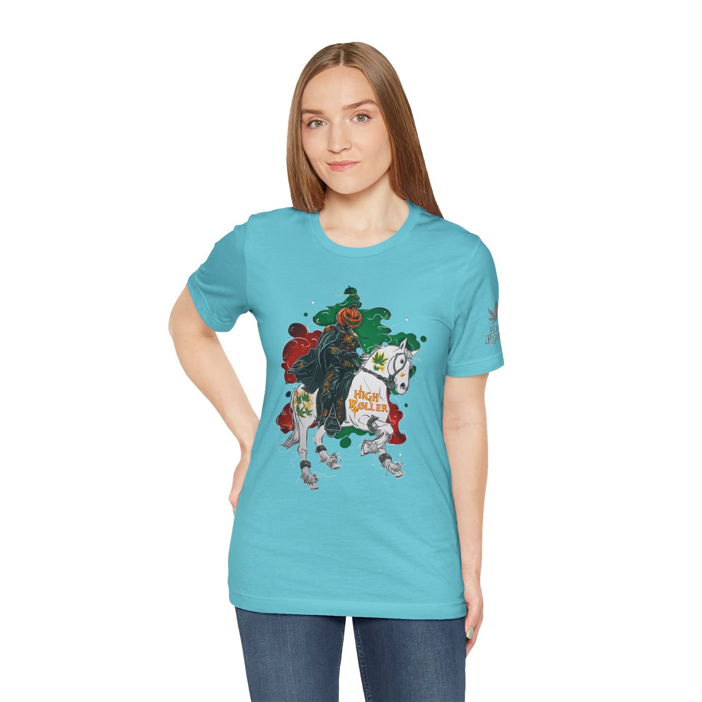 Headless Horseman HIGH ROLLER Halloween Cannabis T-Shirt - Premium Pumpkin Rider Skeletal Steed 420 Apparel