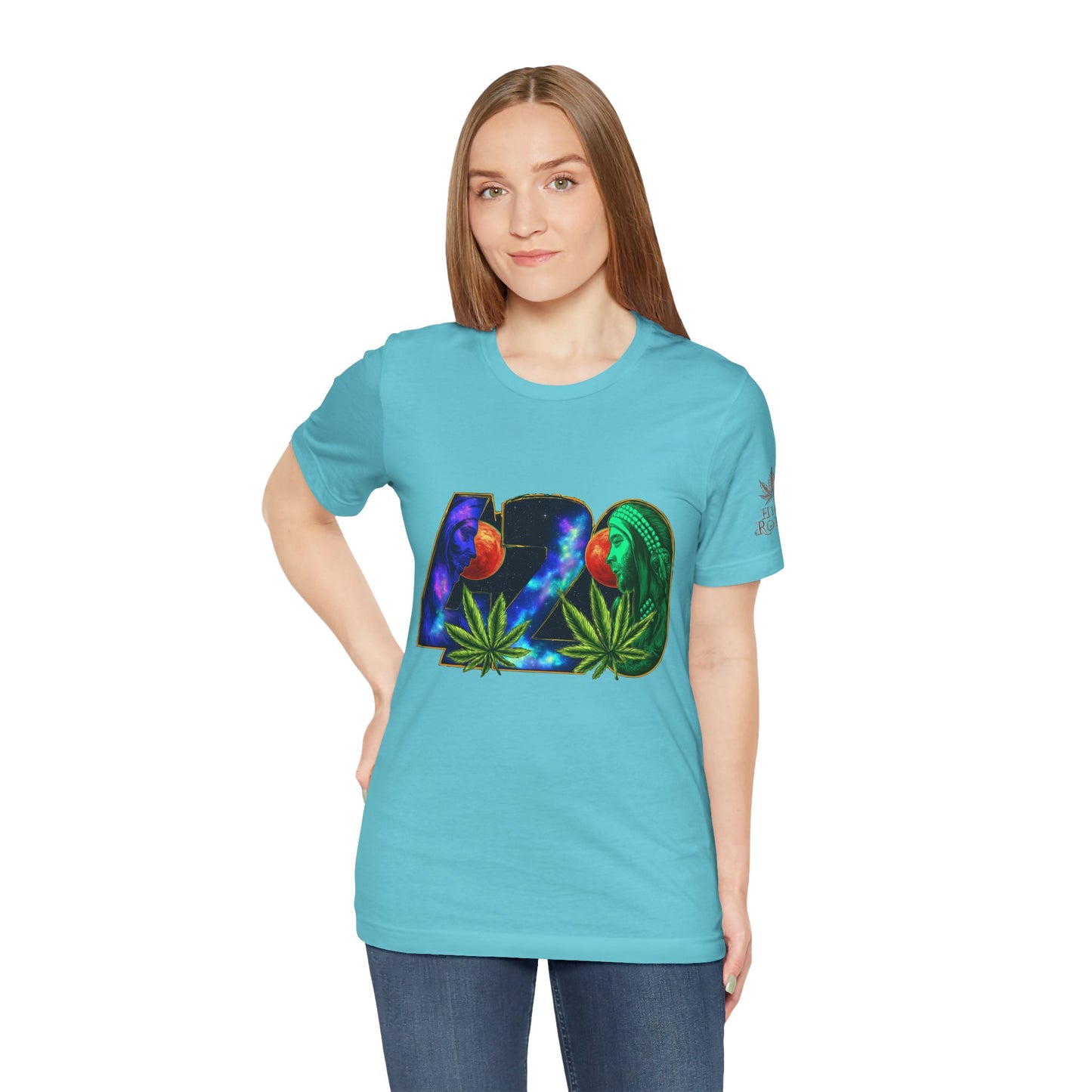 420 Cosmic Connection Premium Cannabis Culture T-Shirt - Bold Typography With Celestial Profiles And Luminous Cannabis Leaf Design