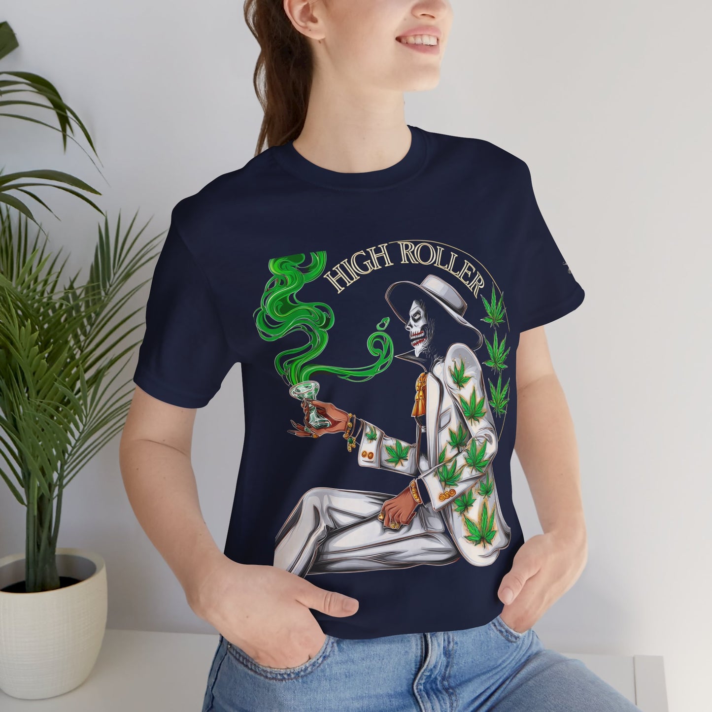 Skeletal HIGH ROLLER Halloween Cannabis Lounge T-Shirt - Premium Death's Day Off Botanical Relaxation 420 Apparel