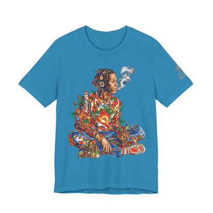 High Roller Meditation Mosaic Cannabis T-Shirt - Premium 420 Hip-Hop Zen Cross-Legged Street Culture Artistic Collage Apparel
