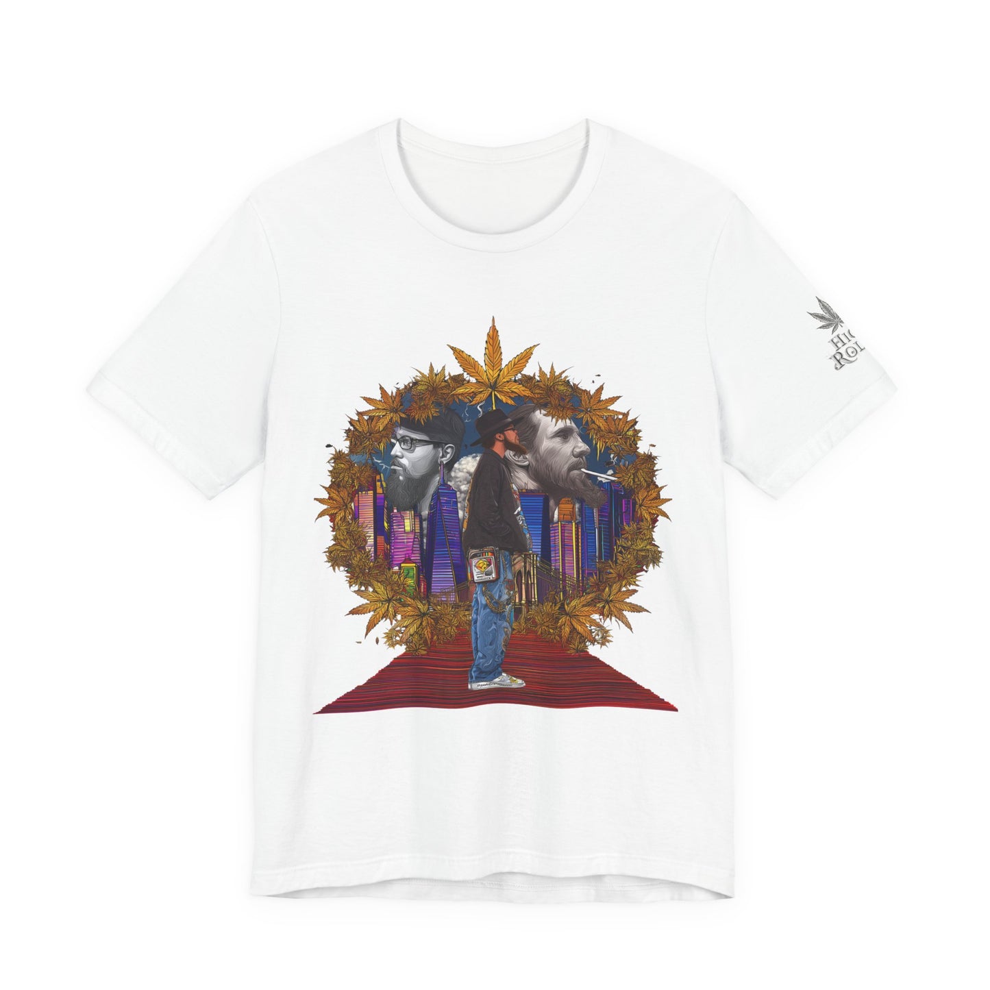 Red Carpet Royalty Premium Cannabis Culture T-Shirt - Hip-Hop Legends Tribute With Golden Cannabis Wreath And City Skyline