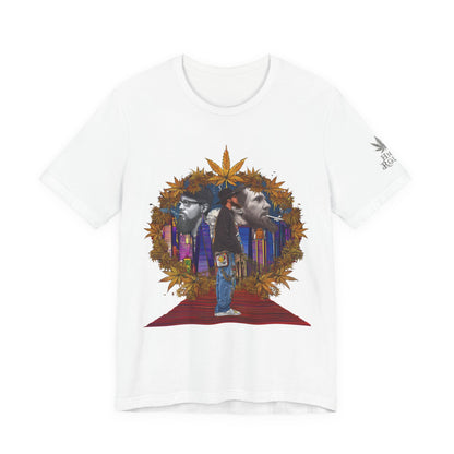 Red Carpet Royalty Premium Cannabis Culture T-Shirt - Hip-Hop Legends Tribute With Golden Cannabis Wreath And City Skyline