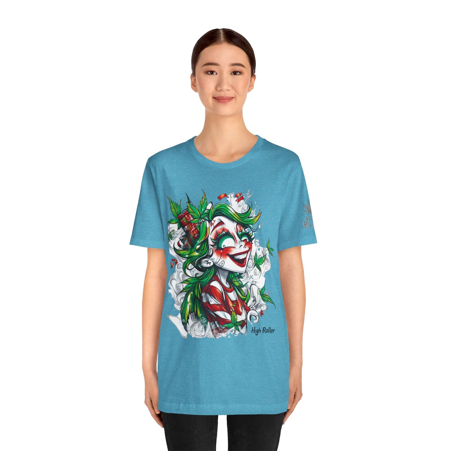 High Roller Jester Queen Cannabis T-Shirt - Premium 420 Harlequin Beauty Holiday Celebration Apparel