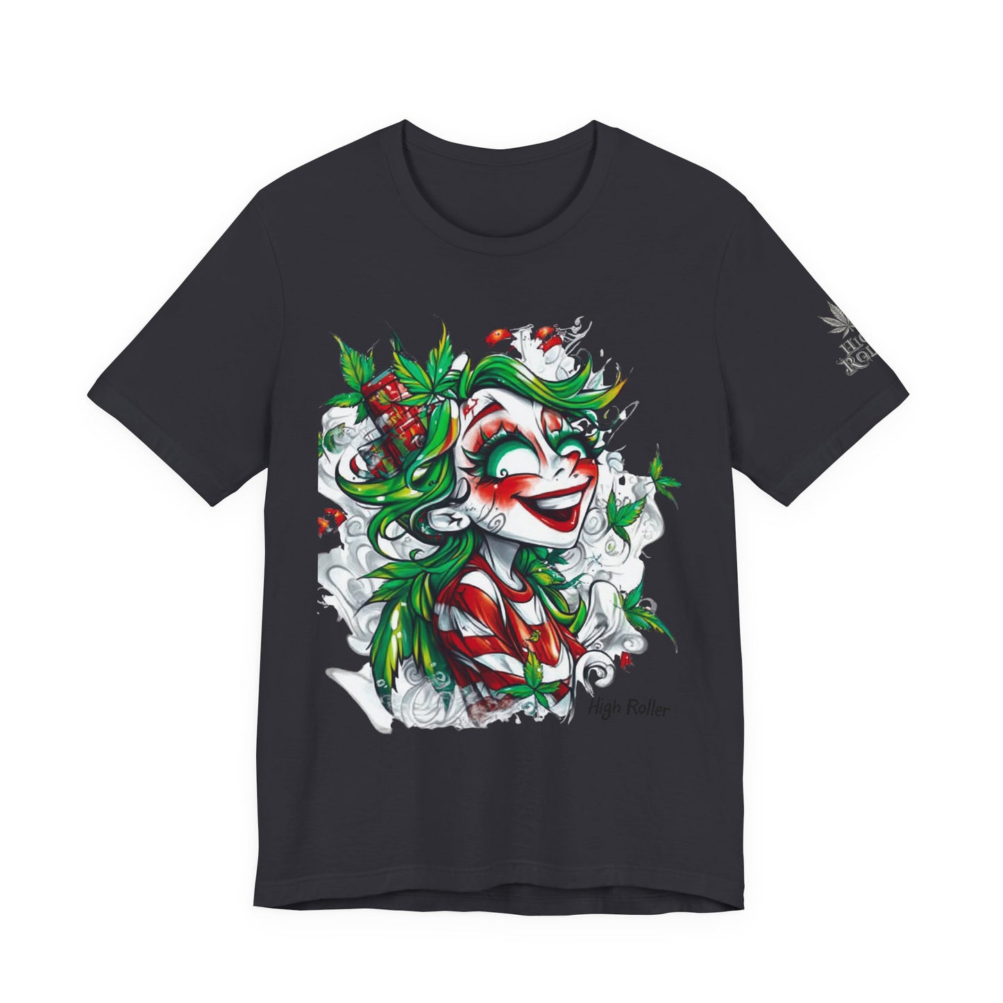High Roller Jester Queen Cannabis T-Shirt - Premium 420 Harlequin Beauty Holiday Celebration Apparel