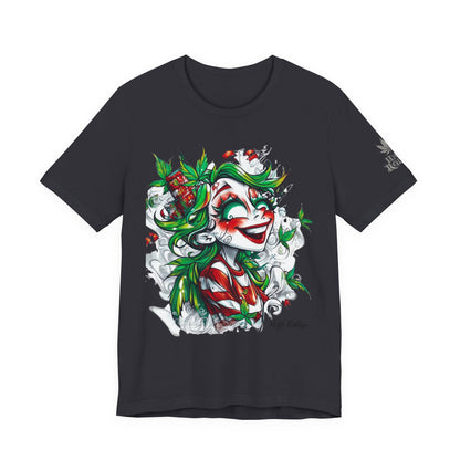 High Roller Jester Queen Cannabis T-Shirt - Premium 420 Harlequin Beauty Holiday Celebration Apparel