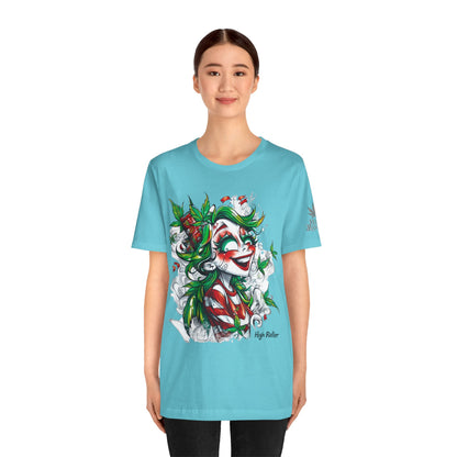 High Roller Jester Queen Cannabis T-Shirt - Premium 420 Harlequin Beauty Holiday Celebration Apparel