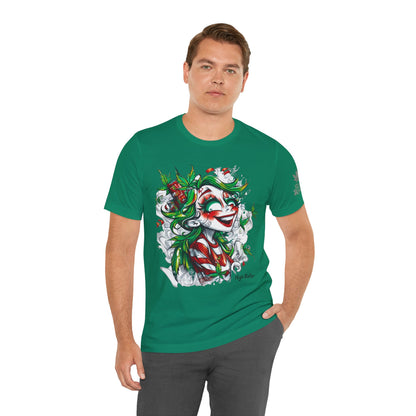 High Roller Jester Queen Cannabis T-Shirt - Premium 420 Harlequin Beauty Holiday Celebration Apparel