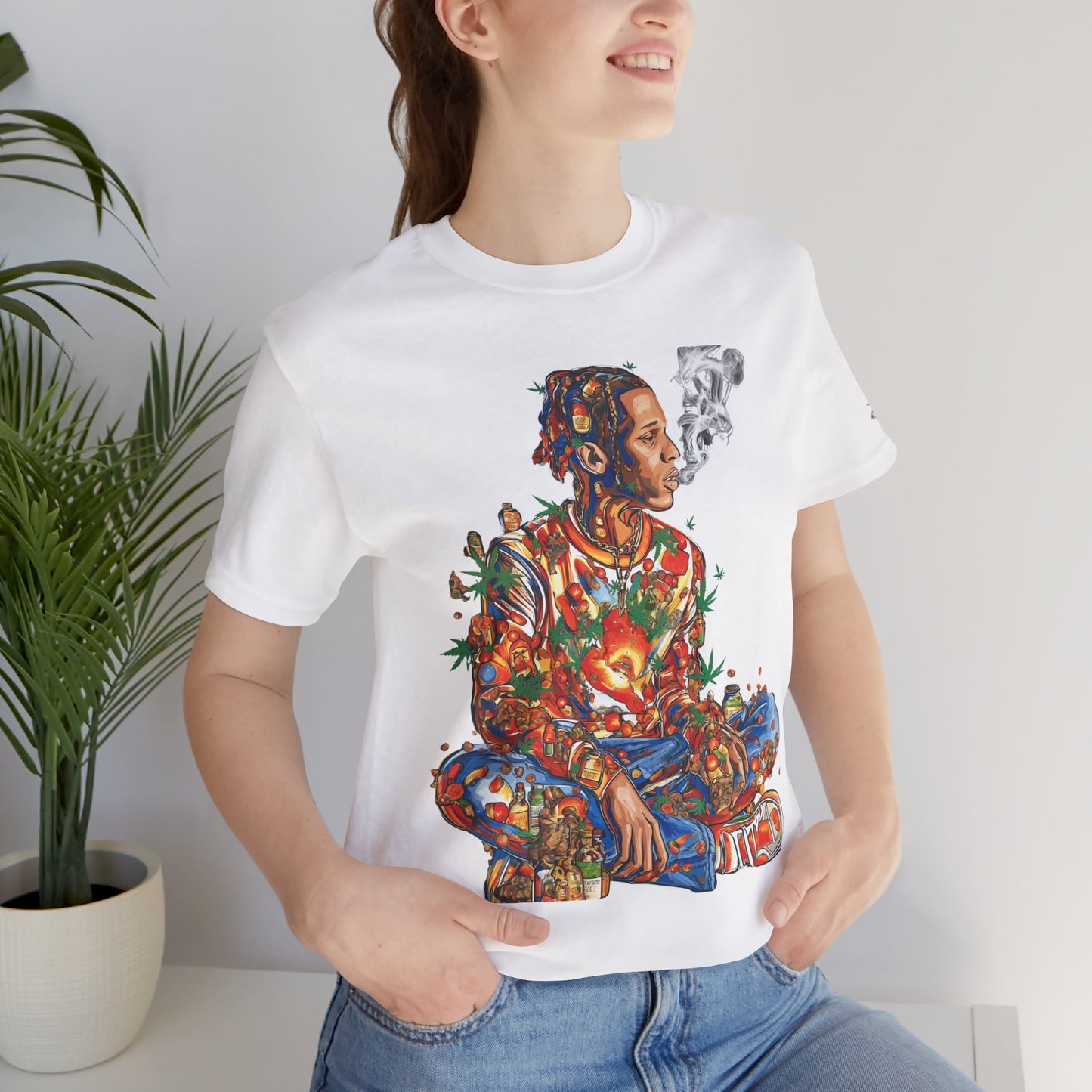 High Roller Meditation Mosaic Cannabis T-Shirt - Premium 420 Hip-Hop Zen Cross-Legged Street Culture Artistic Collage Apparel