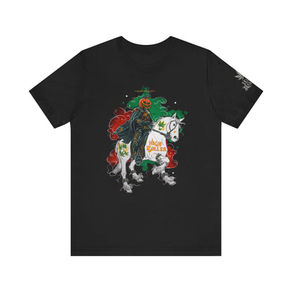 Headless Horseman HIGH ROLLER Halloween Cannabis T-Shirt - Premium Pumpkin Rider Skeletal Steed 420 Apparel