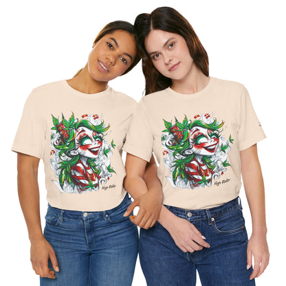 High Roller Jester Queen Cannabis T-Shirt - Premium 420 Harlequin Beauty Holiday Celebration Apparel
