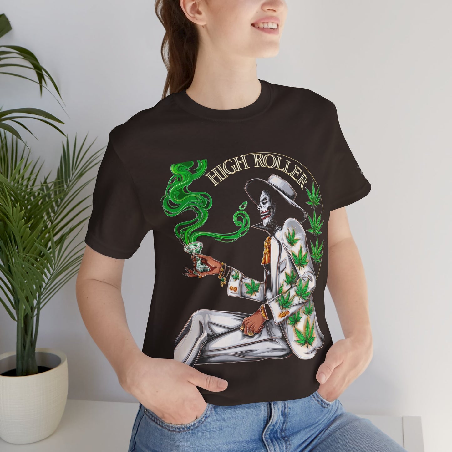 Skeletal HIGH ROLLER Halloween Cannabis Lounge T-Shirt - Premium Death's Day Off Botanical Relaxation 420 Apparel