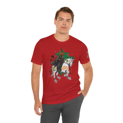 Headless Horseman HIGH ROLLER Halloween Cannabis T-Shirt - Premium Pumpkin Rider Skeletal Steed 420 Apparel