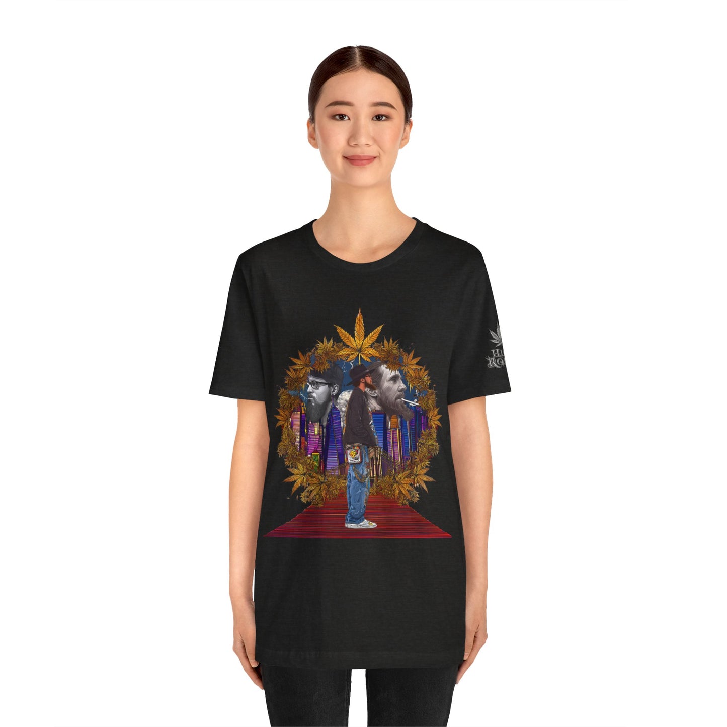 Red Carpet Royalty Premium Cannabis Culture T-Shirt - Hip-Hop Legends Tribute With Golden Cannabis Wreath And City Skyline