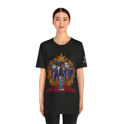Red Carpet Royalty Premium Cannabis Culture T-Shirt - Hip-Hop Legends Tribute With Golden Cannabis Wreath And City Skyline